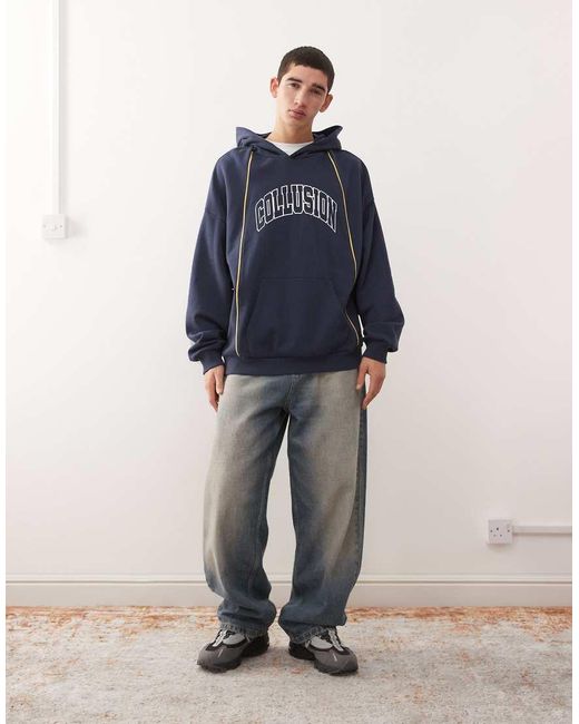 Felpa Squadrata Oversize Con Cappuccio, Logo E Profili A Contrasto di Collusion in Blue da Uomo