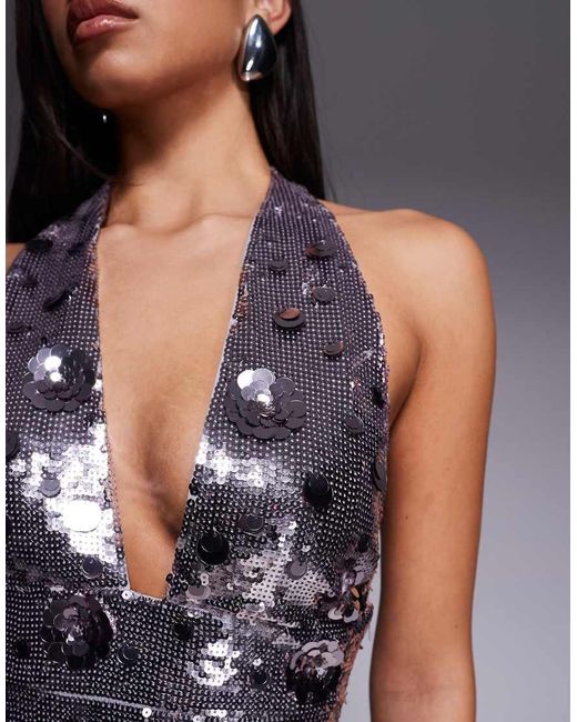 Oh Polly Gray Flower Sequin Maxi Dress