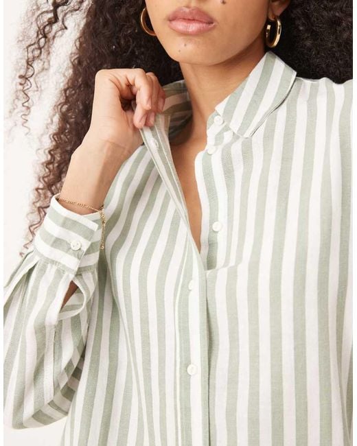 Camicia A Maniche Lunghe Effetto Lino Chiaro A Righe di Stradivarius in White