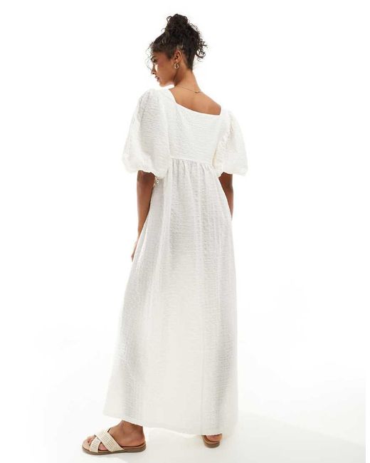 ASOS White Crinkle Midi Smock Dress With Puff Half-sleeve