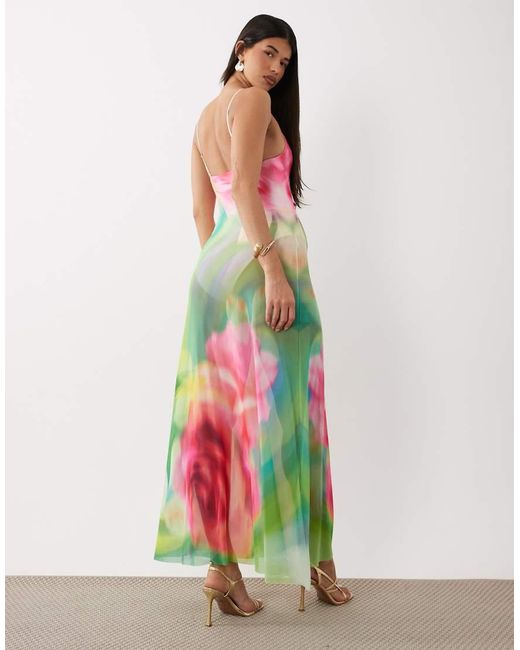 AFRM White Rivka Printed Mesh Inbuilt Bodysuit Detail Plunge Neck Maxi Dress