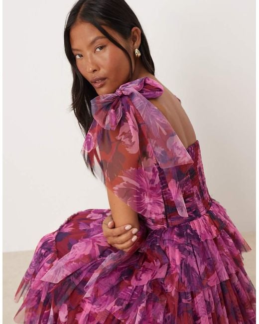 LACE & BEADS Purple Bow Shoulder Tulle Maxi Dress