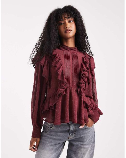 ASOS Red Ruffle And Embroidery Details Long Sleeve Blouse
