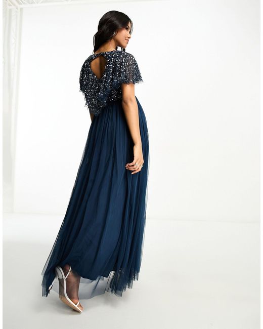 Beauut Blue Maternity Bridesmaid Embellished Maxi Dress With Flutter Detail