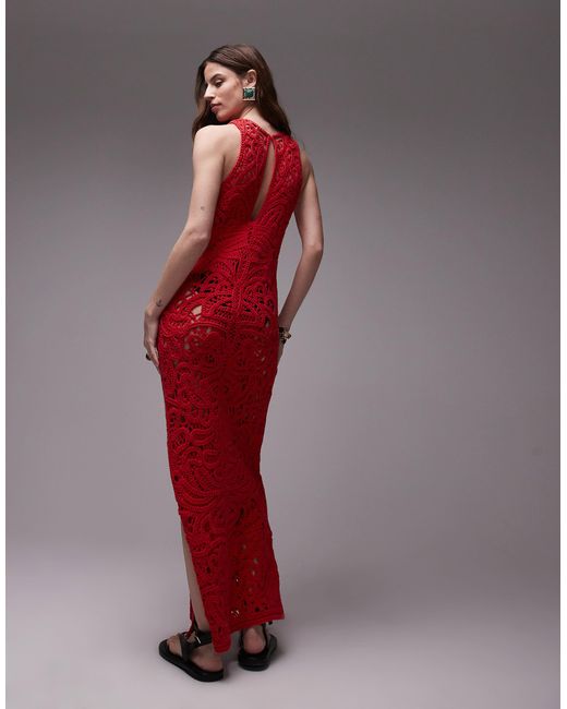 TOPSHOP Red Knitted Premium Crochet Maxi Dress