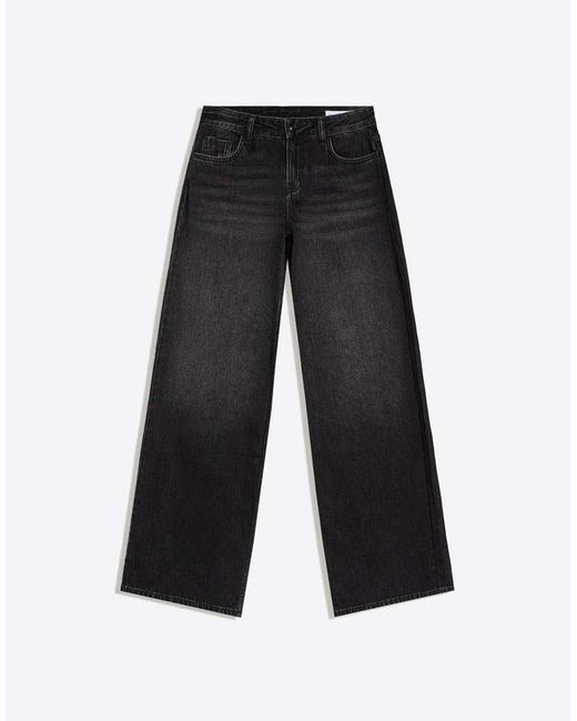 Bershka Gray Low-Rise Wide-Leg Jeans