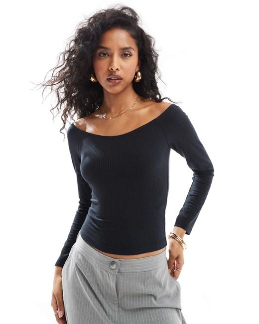 Miss Selfridge Gray Long Sleeve V Neck Off Shoulder Top