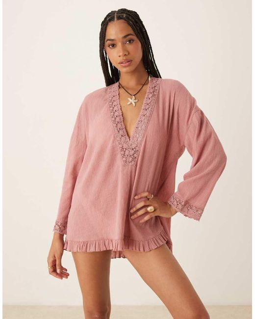 ASOS Pink Crinkle Plunge Neck Eyelet Beach Sundress