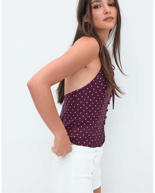 Stradivarius White Polka Dot Print Fitted Halter Top