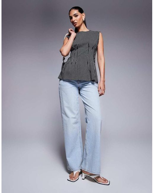 River Island Geruite Poplin Top Met Plat Gestikte Plooien in het Gray