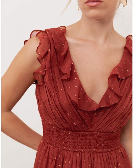 ANAYA Red Plunge Neck Waterfall Ruffle Maxi Dress