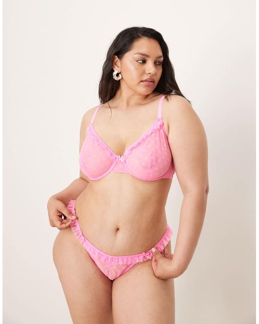 ASOS Pink Asos Design Curve Koko Floral Textured Mesh Ruffle Underwired Bra