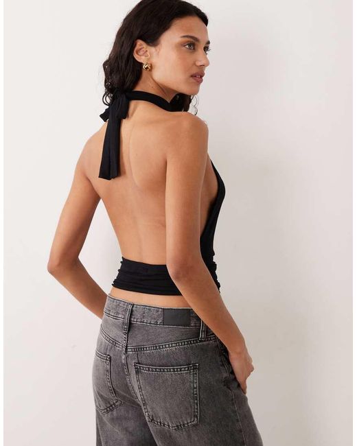 Motel Black Verbina Keyhole Halter Tie Waist Top