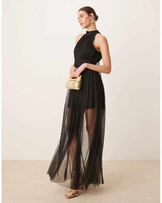 LACE & BEADS Natural Halter Neck Tulle Sheer Skirt Maxi Dress