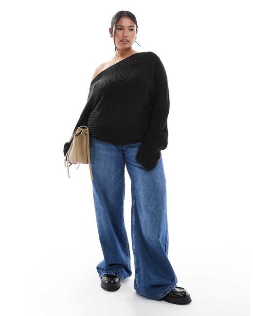 ASOS Black Asos Design Curve Knitted Off The Shoulder Slouchy Jumper