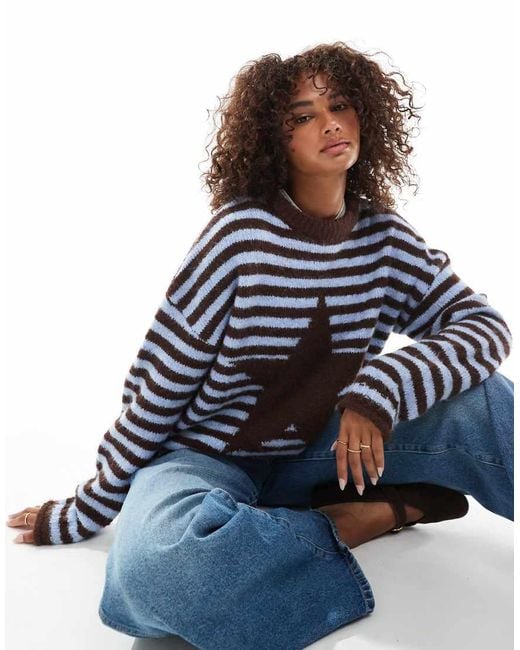 Daisy Street Blue Roll Hem Stripe And Star Graphic Sweater