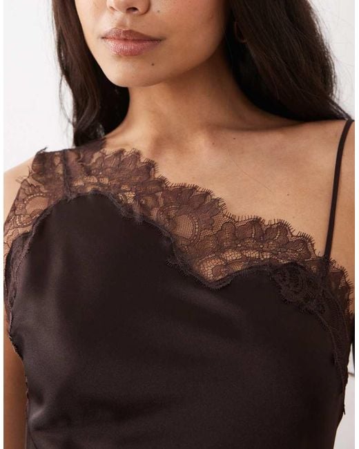 Mango Brown Satin Asymetric Hem Midi Dress With Lace Detail