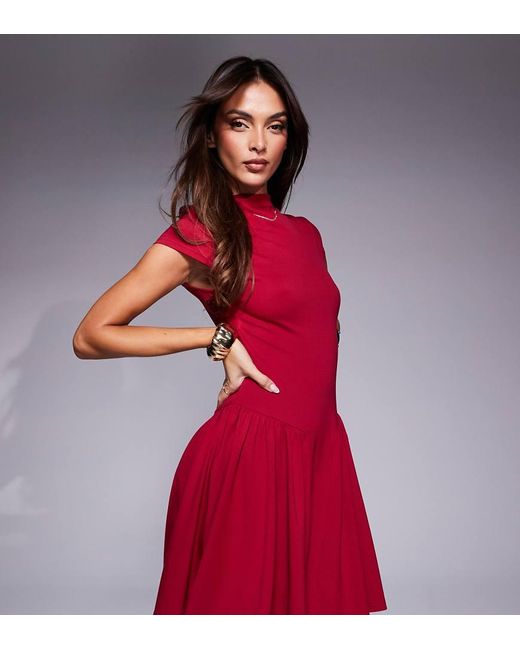 Kaiia Red Exclusive High Neck Cap Sleeve Pleated Mini Dress