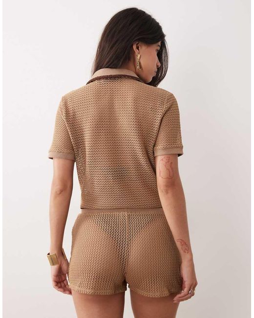 Kaiia Brown Exclusive Crochet Contrast Trim Collar Detail Cropped Polo Top Co-ord