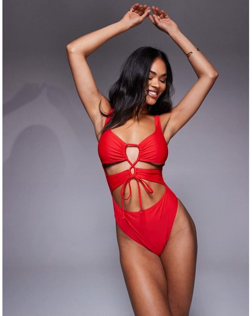South Beach Red Essentials Cut Out Front Tie Swimsuit