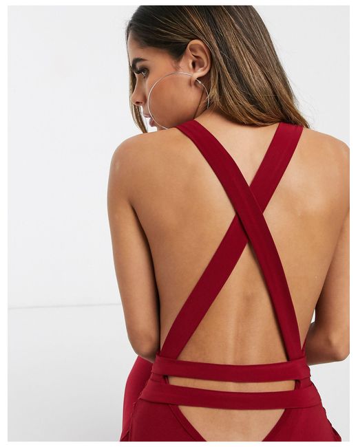 red strappy cross back fishtail maxi dress