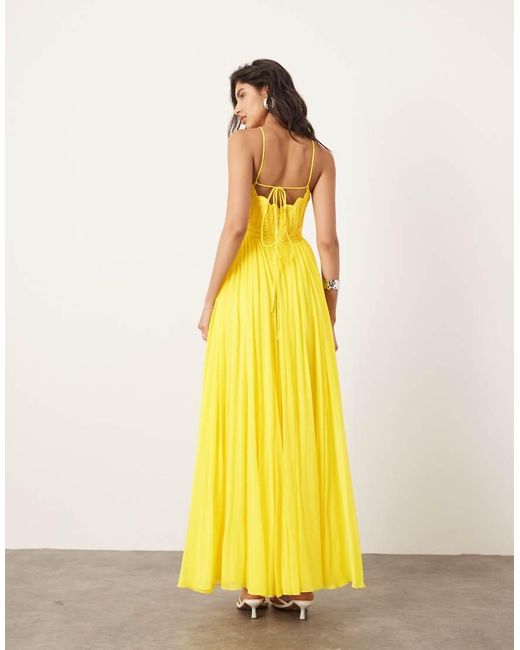 ASOS Yellow Embroidered Satin Cornelli Maxi Dress With Chiffon Skirt