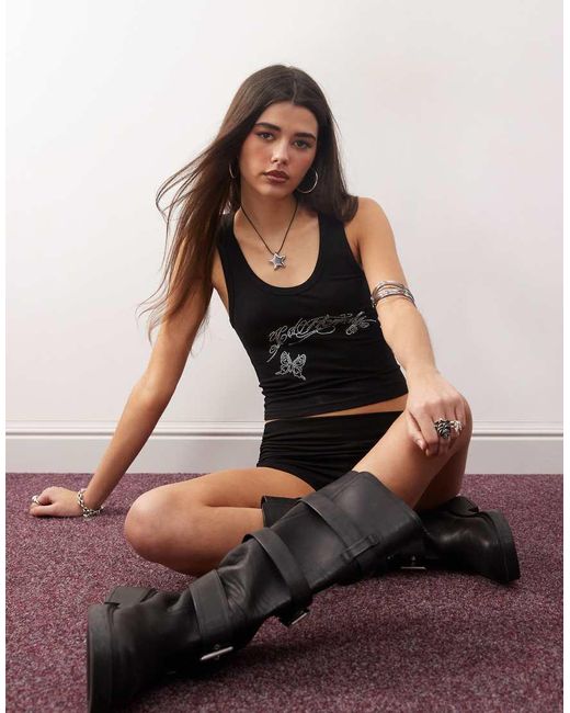 Ed Hardy Black Script Diamante Vest Top