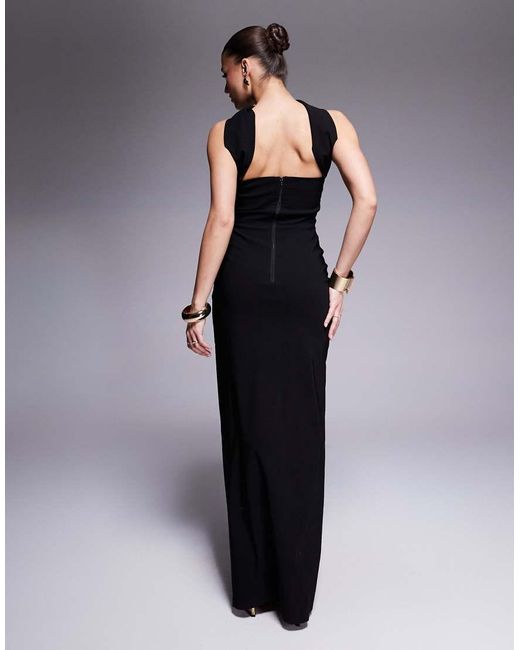 Vesper Blue Bengaline Choker Neck Detail Bandeau Side Split Maxi Dress