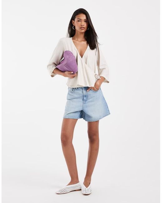 Pieces White 3/4 Sleeve Linen Blend Wrap Top