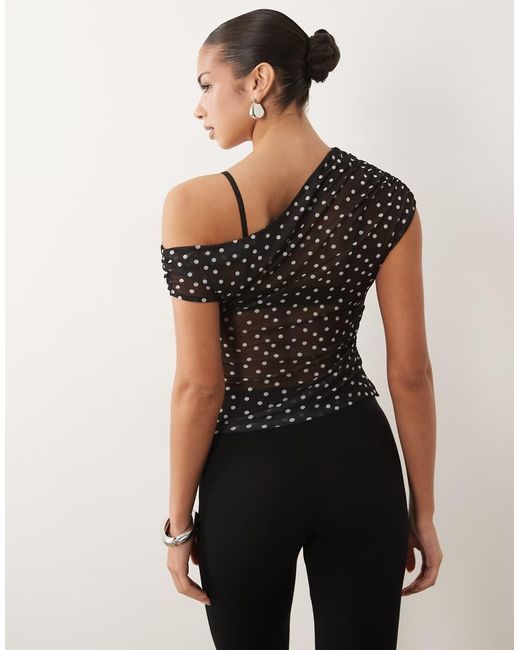 ASOS Black Sheer Mesh Ruched Off Shoulder Asymmetric Top