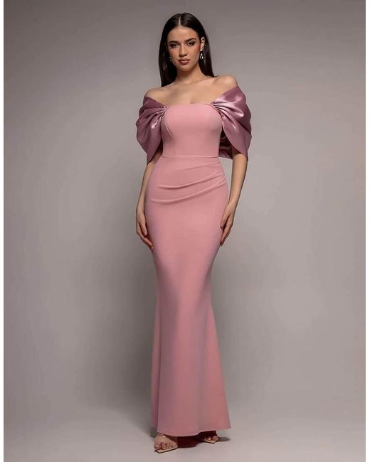 Goddiva Pink Off Shoulder Back Satin Bow Maxi Dress