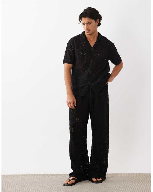 ASOS Black Relaxed Short Sleeve Knitted Crochet Button Through Revere Shirt for men