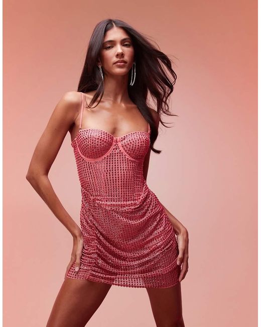 Oh Polly Pink Azelie Embellished Draped Corset Mini Dress
