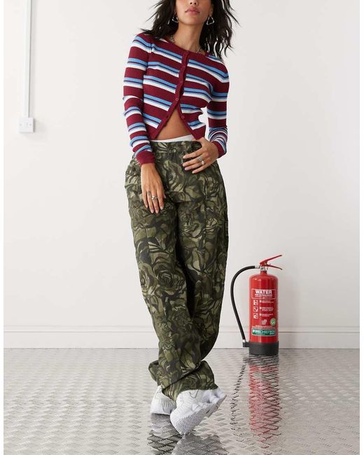 Reclaimed Vintage Green Camo Rose Print Barrel Leg Trouser