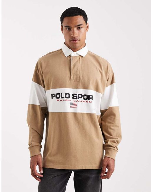 Polo Ralph Lauren Natural Sport Chest Panel Flag Logo Oversized Fit Rugby Polo for men