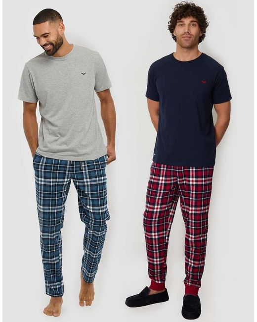 Threadbare Blue 2-Pack Short Sleeve Top & Check Pants Pyjama Sets for men