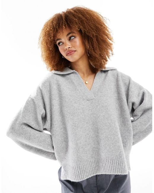 Monki Gray Long Sleeve Collar Polo Knitted Sweater