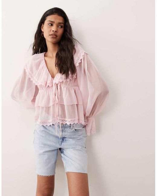 Miss Selfridge Pink Chiffon Ruffle Tie Front Blouse