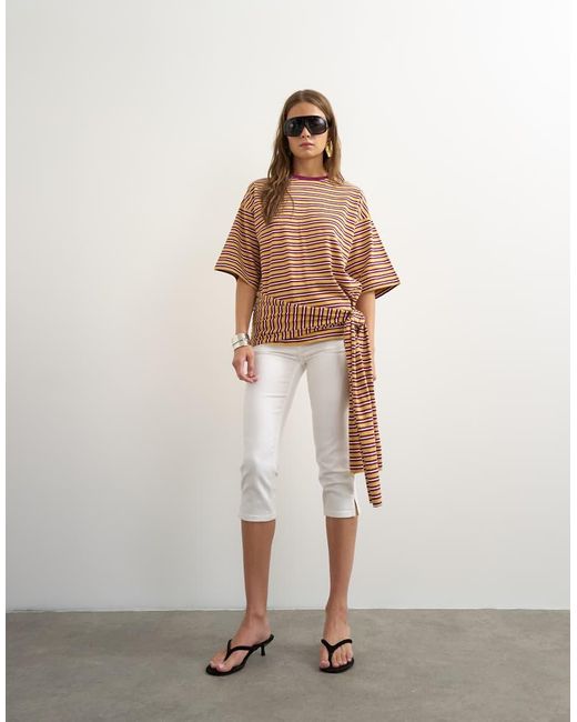 TOPSHOP Brown Stripe Wrap Waist Tie Detail Top