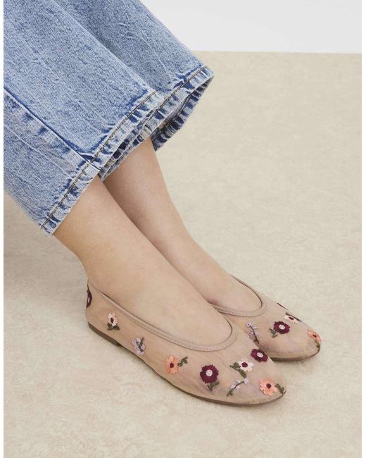 River Island Blue Mesh Floral Embroidered Ballet Pumps