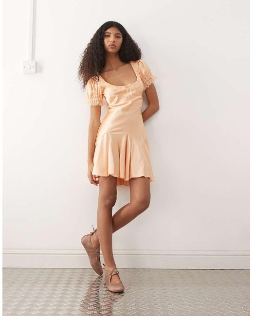 Reclaimed Vintage Natural Mini Tea Dress With Lace Trim And Godets