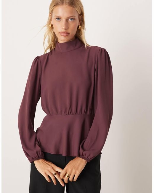 ASOS Purple High Neck Long Sleeve Peplum Blouse