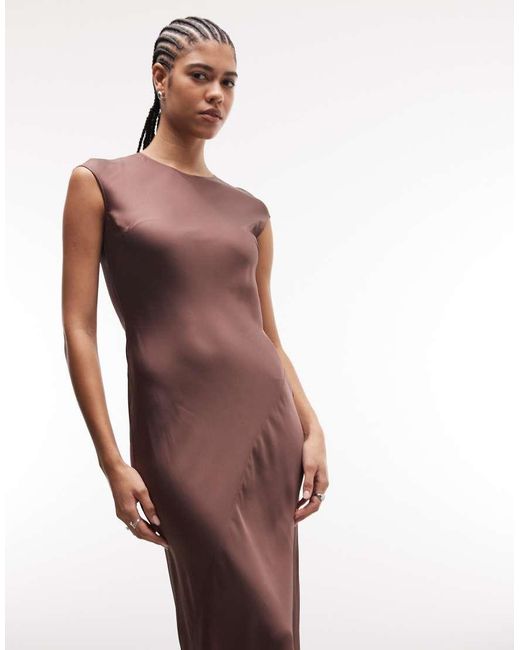 & Other Stories Brown Bias Cut Satin Maxi Dress With Cap Sleeve