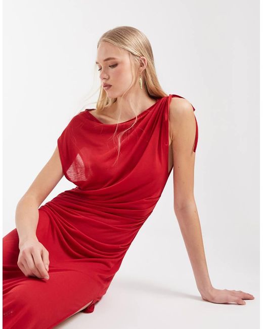 Weekday Red Sheer Maxi Dress With Gathe Seams And Side Slits