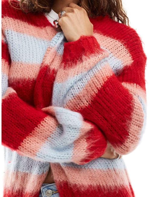 Daisy Street Red Brushed Chunky Knit Stripe Maxi Cardigan