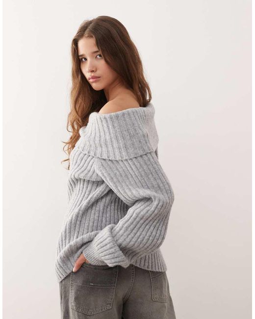 Monki Gray Oversized Bardot Knitted Jumper
