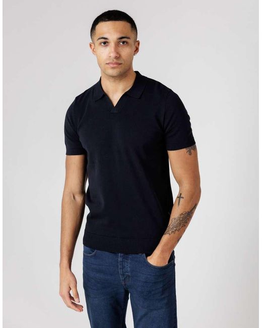 French Connection Blue Cotton Short Sleeve Open Collar Polo Shirt for men