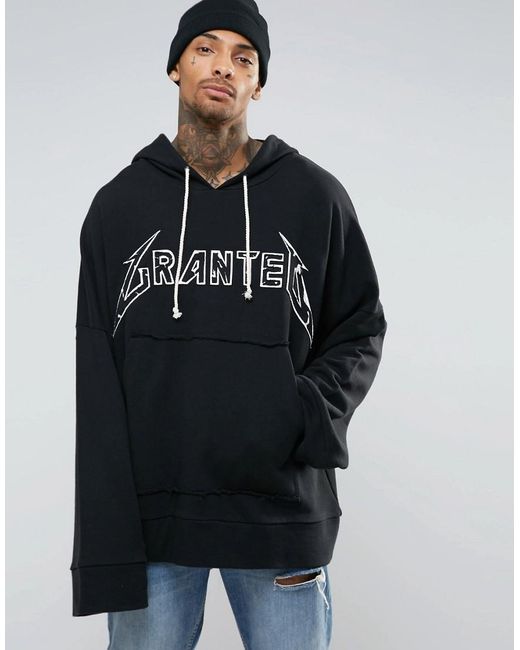 Granted Black Super Oversized Grunge Hoodie With Extra Long Sleeves for men