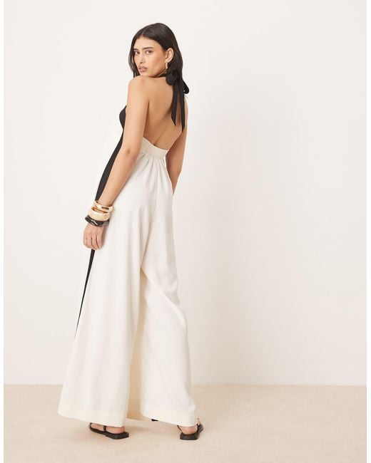 ASOS Natural Cross Halter Contast Split Let Jumpsuit