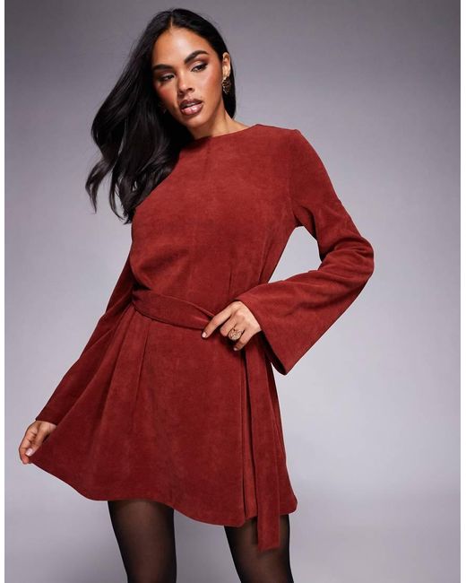 ASOS Red Fluted Sleeve Tie Waist Cord Mini Dress
